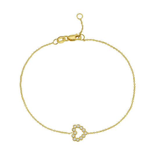 14k yellow gold petite diamond heart bracelet on a delicate cable chain, 7 inch. on white background.