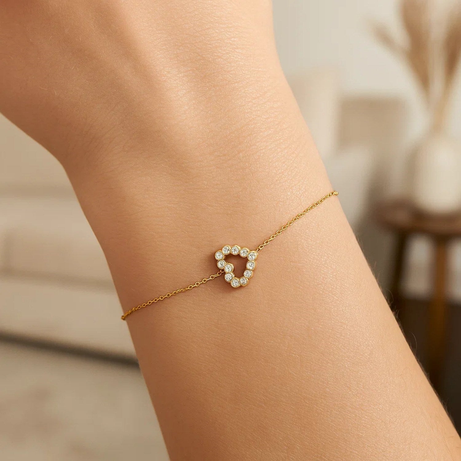 14K yellow gold petite diamond heart bracelet with cable chain and lobster clasp, 7 inch