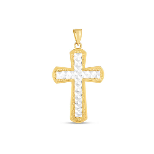 14K Two-Tone Gold High Polish Diamond Cut Cross Pendant