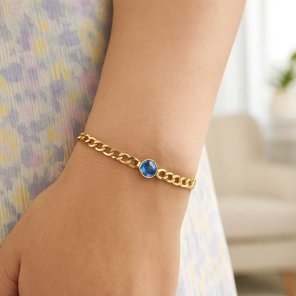 14K Yellow Gold Women's Blue Topaz Curb Chain Bracelet – 3.60mm – 14K Gold