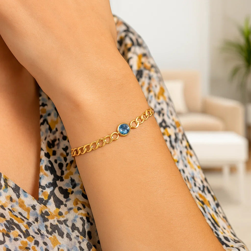 14K Yellow Gold Women's Blue Topaz Curb Chain Bracelet – 3.60mm – 14K Gold