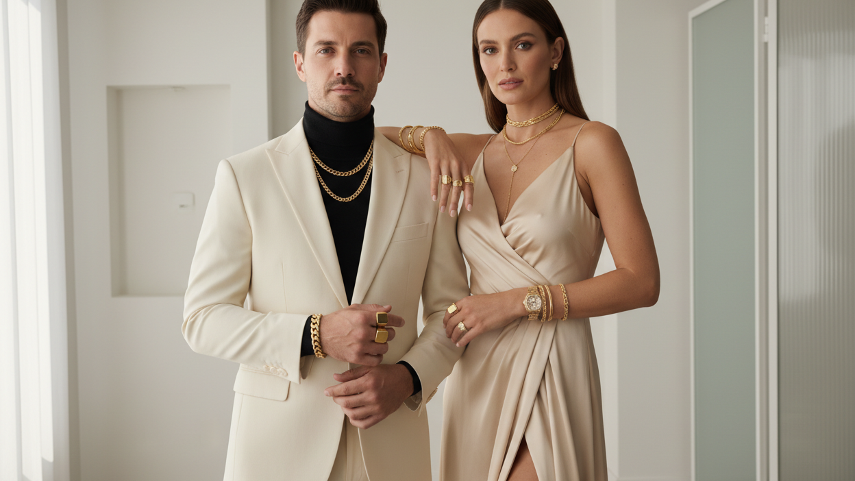 Couple wearing luxury gold jewelry including Cuban link chain and diamond pieces — True Pure Gold hero banner