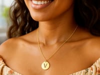 14K Yellow Gold Disc Initial V Pendant